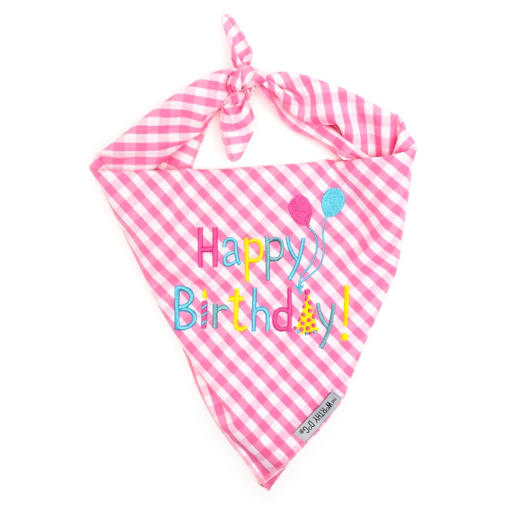 Happy Birthday Pink Dog Bandana, Tied, Front View - Trendy Dog Boutique
