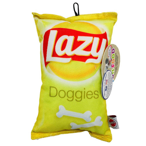 Lazy Doggies Chips Dog Toy, Front View - Trendy Dog Boutique