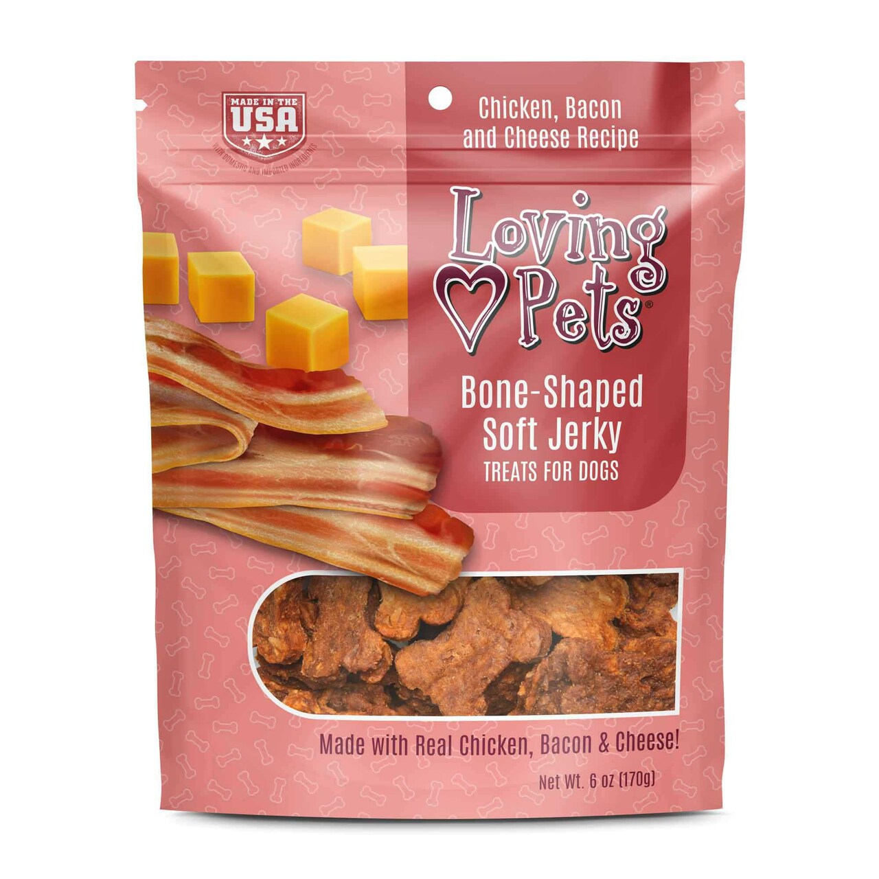 Bacon & Cheese Soft Jerky Dog Treats, Front of Bag - Trendy Dog Boutique
