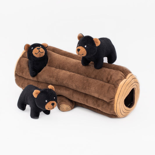 Black Bear Log Interactive Dog Toy, Front View - Trendy Dog Boutique