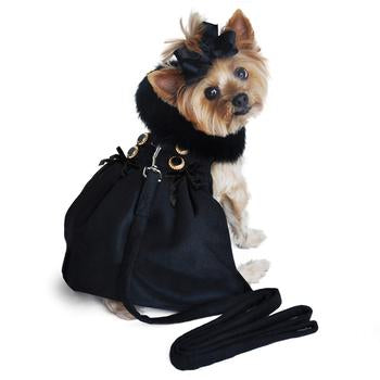 Black Wool Fur-Trimmed Dog Harness Coat, On Dog - Trendy Dog Boutique