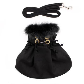 Black Wool Fur-Trimmed Dog Harness Coat, Back View - Trendy Dog Boutique