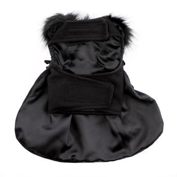 Black Wool Fur-Trimmed Dog Harness Coat, Bottom View - Trendy Dog Boutique