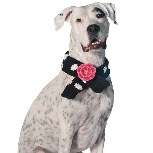 Black and White Polka Dot Dog Scarf, On Dog Model - Trendy Dog Boutique