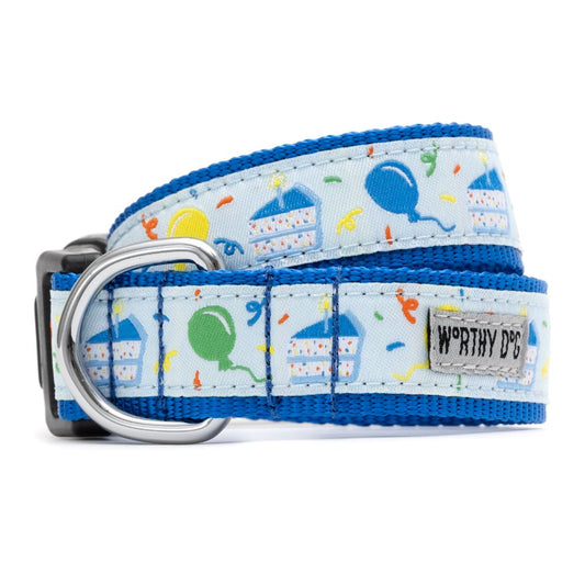 Blue Birthday Dog Collar, Front View - Trendy Dog Boutique