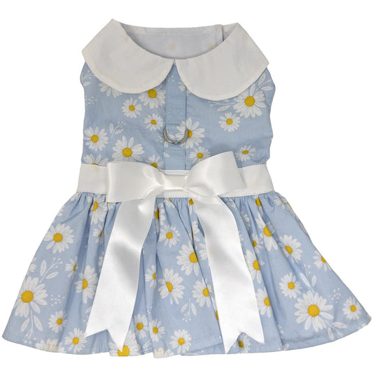 Blue Daisy Dog Harness Dress with Matching Leash - Trendy Dog Boutique