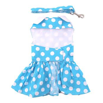Blue Polka Dot Dog Harness Dog Dress, Front View w/ Matching Leash - Trendy Dog Boutique