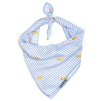 Blue Stripe Rubber Ducky Dog Bandana, Front View, Tied - Trendy Dog Boutique