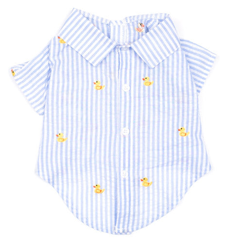 Blue Stripe Rubber Ducky Dog Shirt, Front View - Trendy Dog Boutique