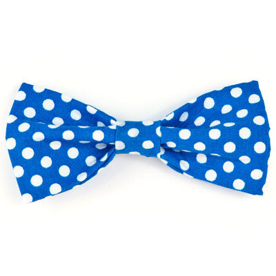Blue & White Polka Dots Dog Bowtie, Front View - Trendy Dog Boutique