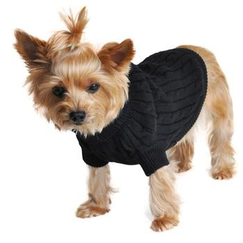 Combed Cotton Cable Knit Dog Sweater, Black, On Dog - Trendy Dog Boutique