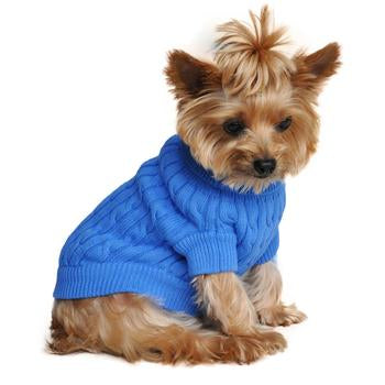 Combed Cotton Cable Knit Dog Sweater, Blue, On Dog - Trendy Dog Boutique