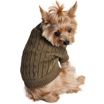 Combed Cotton Cable Knit Dog Sweater, Olive Green, On Dog - Trendy Dog Boutique