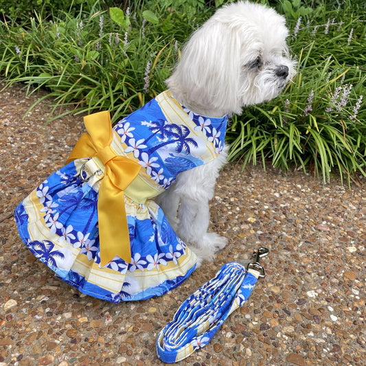Catching Waves Dog Harness Dress, On Dog w/ Matching Leash - Trendy Dog Boutique