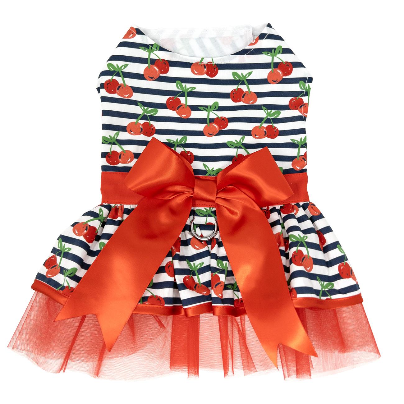 Cherry Stripe Dog Harness Dress with Matching Leash - Trendy Dog Boutique