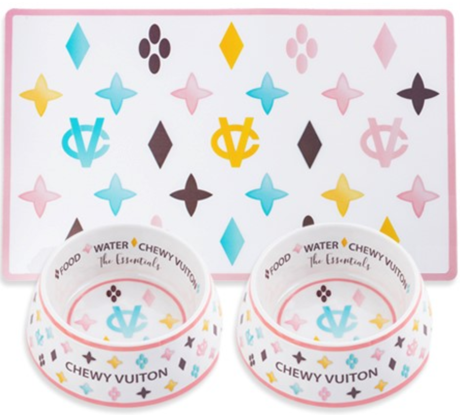 Chewy Vuitton White Bowls & Placemat - Trendy Dog Boutique