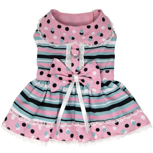 Dots & Stripes Dog Harness Dress with Matching Leash - Trendy Dog Boutique
