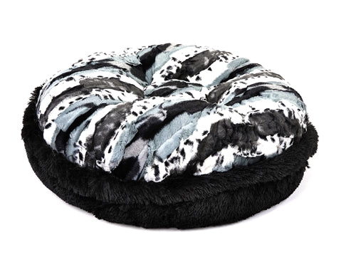Exotic Black & White Shag Round Dog Bed, Front View - Trendy Dog Boutique