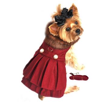 Burgundy Wool Fur-Trimmed Dog Harness Coat & Leash, On Dog - Trendy Dog Boutique