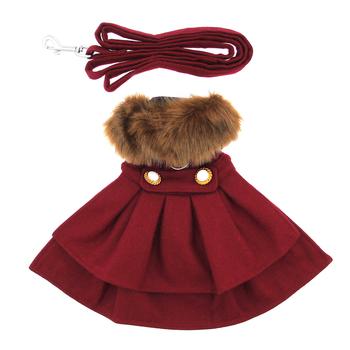 Burgundy Wool Fur-Trimmed Dog Harness Coat & Leash, Top View - Trendy Dog Boutique