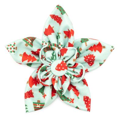 Green Holiday Trees Dog Flower Bow, Front View - Trendy Dog Boutique
