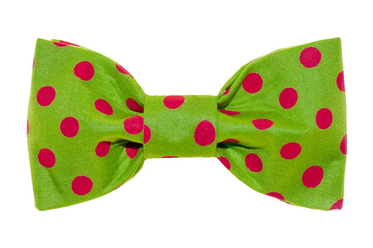 Green & Red Polka Dots Dog Bowtie, Front View - Trendy Dog Boutique
