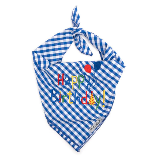 Happy Birthday Blue Dog Bandana, Front View, Tied - Trendy Dog Boutique