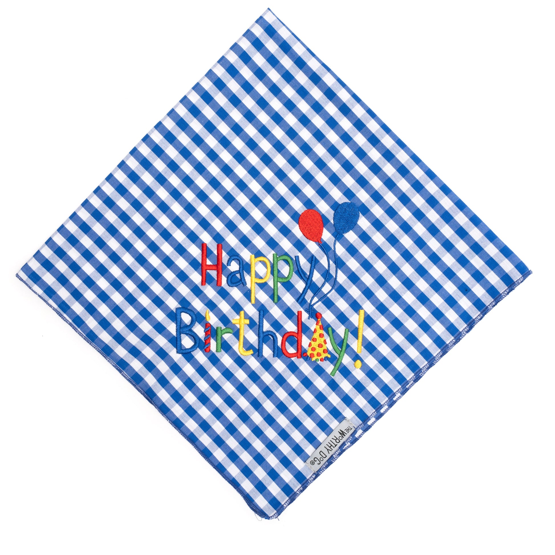 Happy Birthday Blue Dog Bandana, Front View, Untied - Trendy Dog Boutique