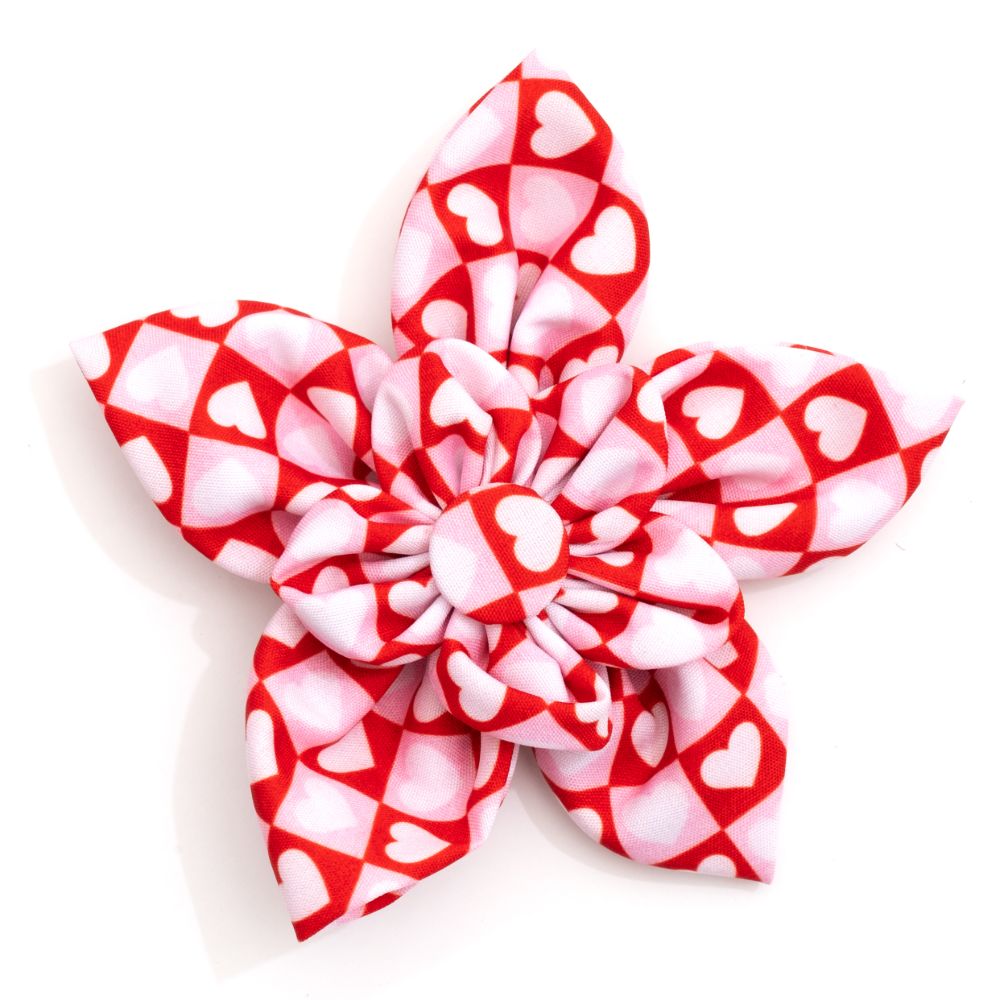 Colorblock Hearts Dog Flower Bow, Front View - Trendy Dog Boutique