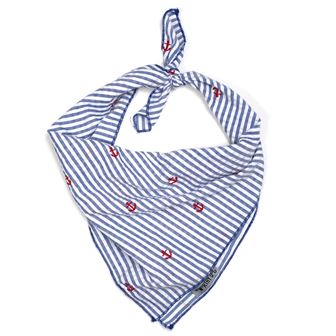 Navy Stripe Anchor Dog Bandana, Front View, Tied - Trendy Dog Boutique