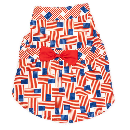 Patchwork American Flag Dog Dress, Front View - Trendy Dog Boutique