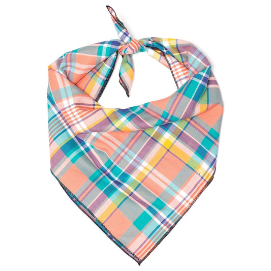 Peach & Teal Classic Plaid Dog Bandana, Front View, Tied - Trendy Dog Boutique
