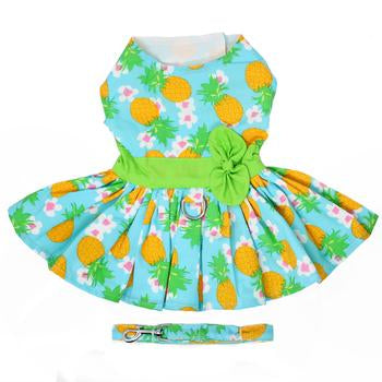 Pineapple Luau Dog Harness Dress, Back View w/ Matching Leash Flat - Trendy Dog Boutique