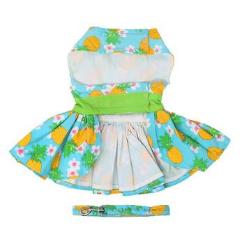 Pineapple Luau Dog Harness Dress, Front View w/ Matching Leash - Trendy Dog Boutique