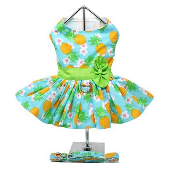 Pineapple Luau Dog Harness Dress, Back View w/ Matching Leash - Trendy Dog Boutique