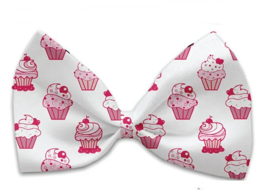 Pink Whimsy Cupcakes Dog Bow Tie, Front View - Trendy Dog Boutique