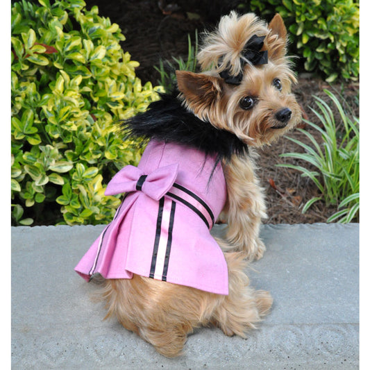 Pink Wool Fur-Trimmed Dog Harness Coat, Pink, On Dog - Trendy Dog Boutique