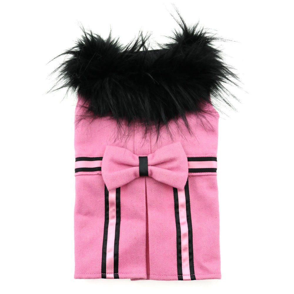 Pink Wool Fur-Trimmed Dog Harness Coat, Pink, Front View - Trendy Dog Boutique