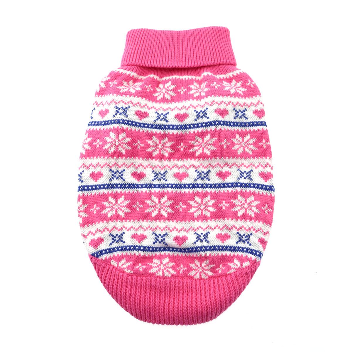 Pink Snowflake and Hearts Dog Sweater, Top View - Trendy Dog Boutique