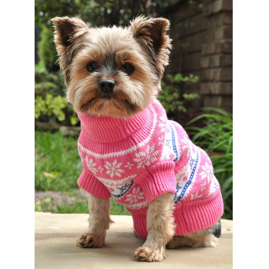 Pink Snowflake and Hearts Dog Sweater, Front View - Trendy Dog Boutique