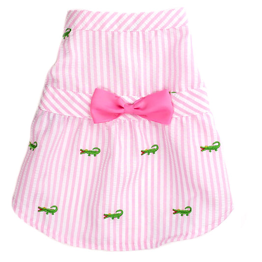 Pink Stripe Alligator Dog Dress, Front View - Trendy Dog Boutique