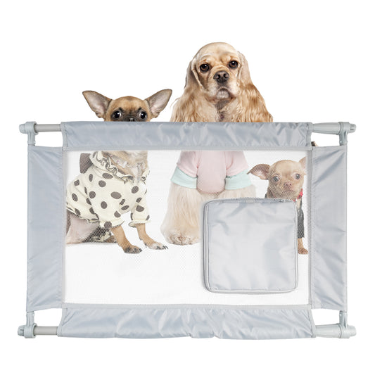 Porta-Gate Travel Pet Gate, Front View, In Use, Gray - Trendy Dog Boutique