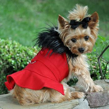 Red Wool Fur-Trimmed Dog Harness Coat, On Dog - Trendy Dog Boutique
