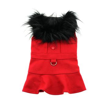 Red Wool Fur-Trimmed Dog Harness Coat, Back View - Trendy Dog Boutique