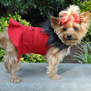 Red Wool Fur-Trimmed Dog Harness Coat, Side View, On Dog - Trendy Dog Boutique