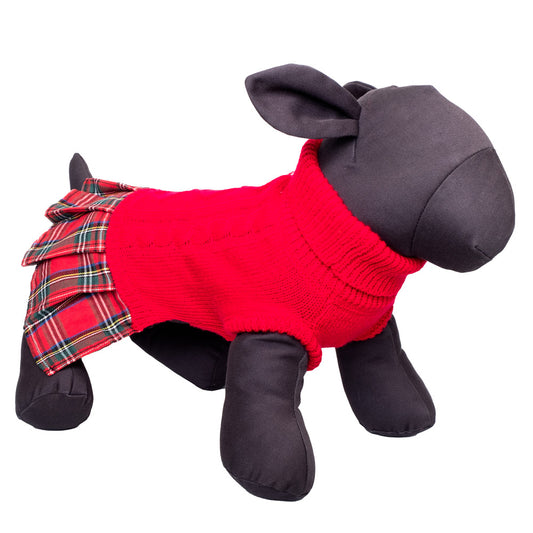 Red and Plaid Turtleneck Dog Sweater Dress, On Dog Mannequin - Trendy Dog Boutique