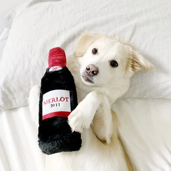 Happy Hour Crusherz Red Wine Dog Toy, Front View with Dog - Trendy Dog Boutique