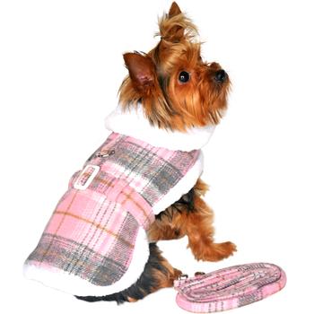 Sherpa-Lined Dog Harness Coat, In Pink and White, On Dog - Trendy Dog Boutique