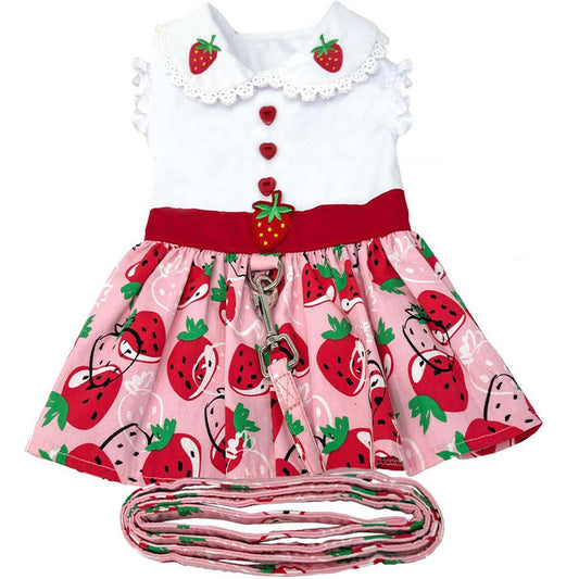 Strawberry Picnic Dog Harness Dress with Matching Leash - Trendy Dog Boutique