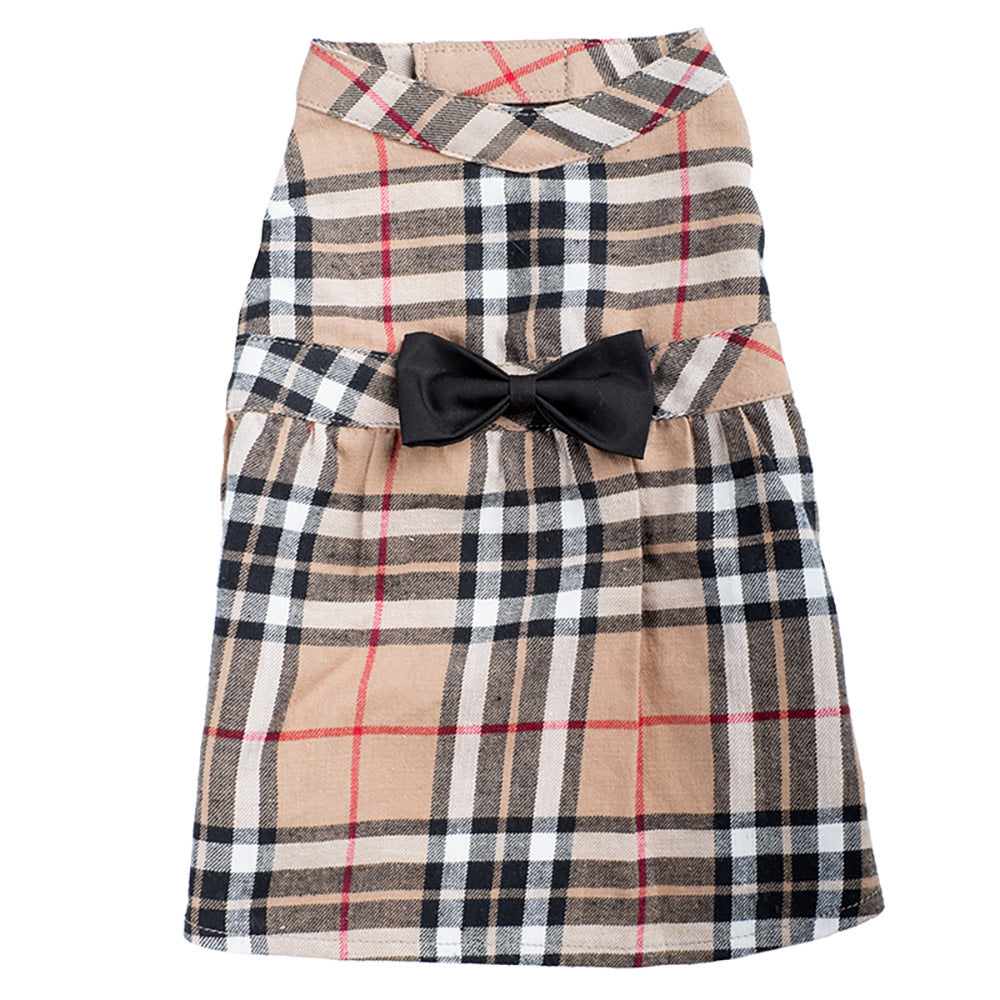 Tan Plaid Dog Dress, Front View - Trendy Dog Boutique